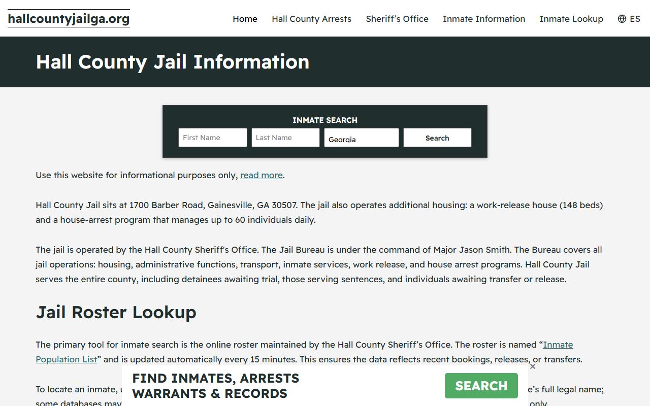 Hall County jail information page for Gainesville released inmates search