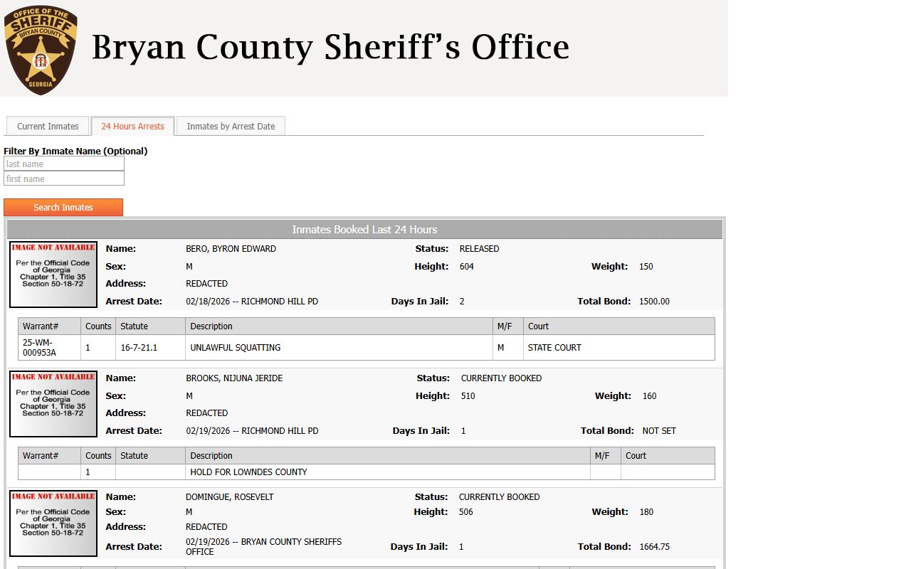 Bryan County released inmates 24-hour arrest report page