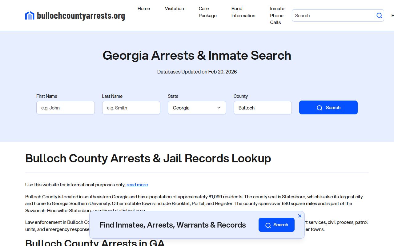 Bulloch County arrests information site for Statesboro released inmates search