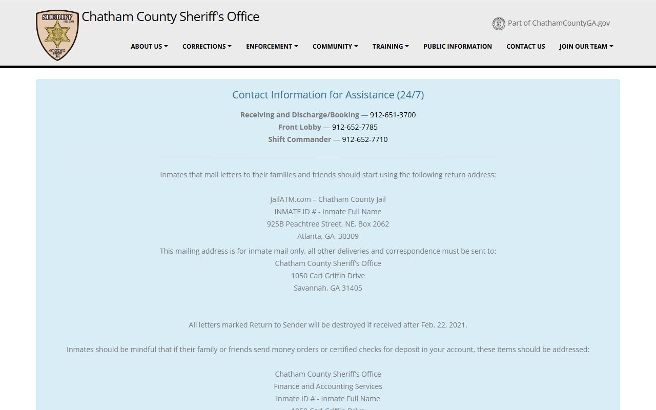Chatham County released inmates Sheriff Office homepage