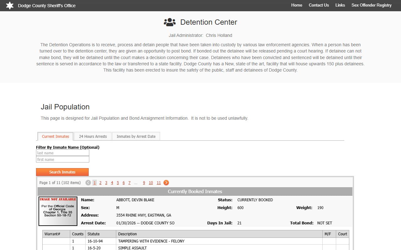 Dodge County released inmates jail population search page