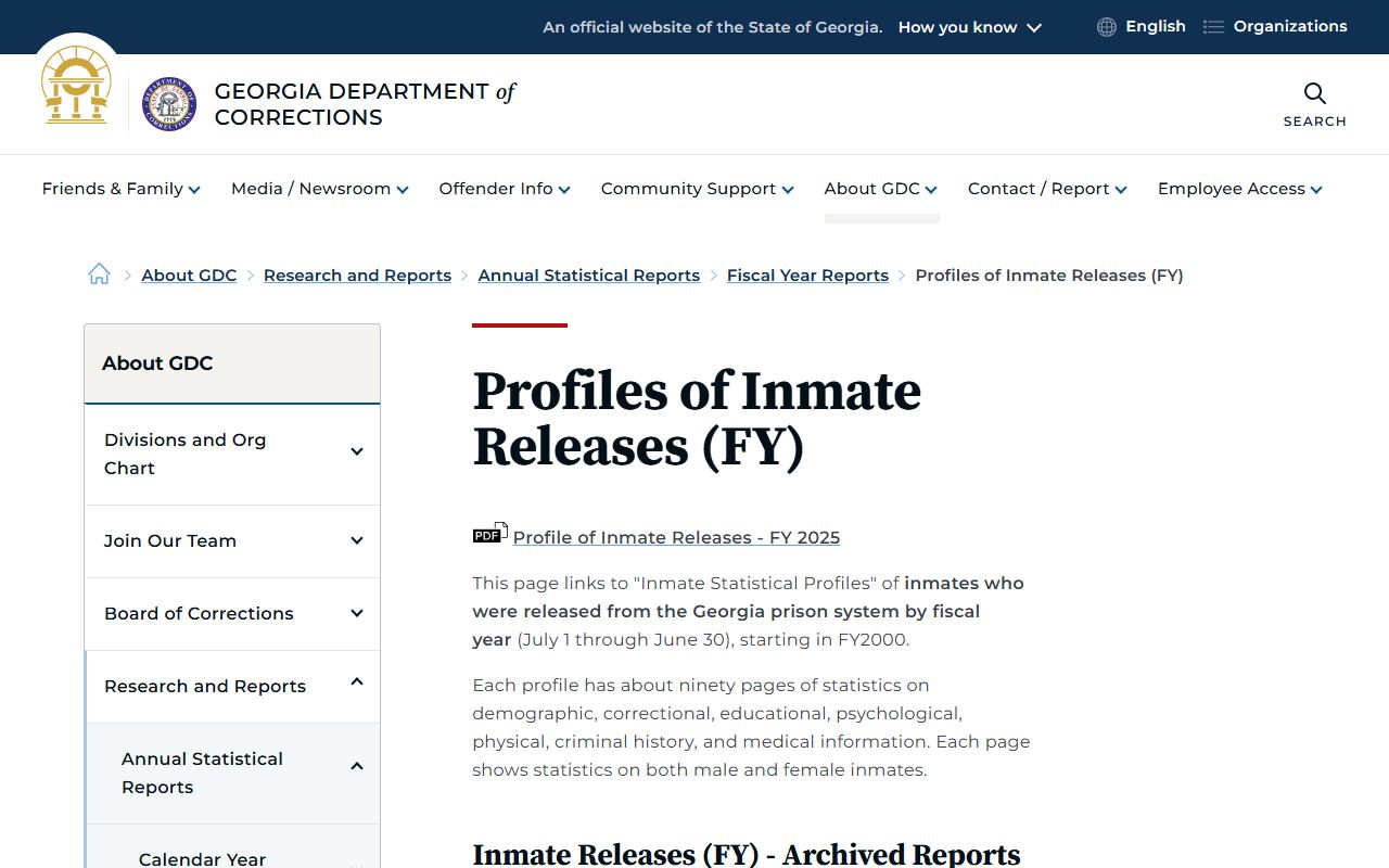 Georgia GDC statistical reports on released inmates profiles