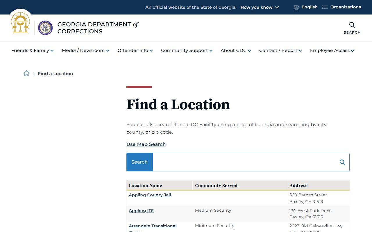 Georgia GDC facility locator for released inmates facility search
