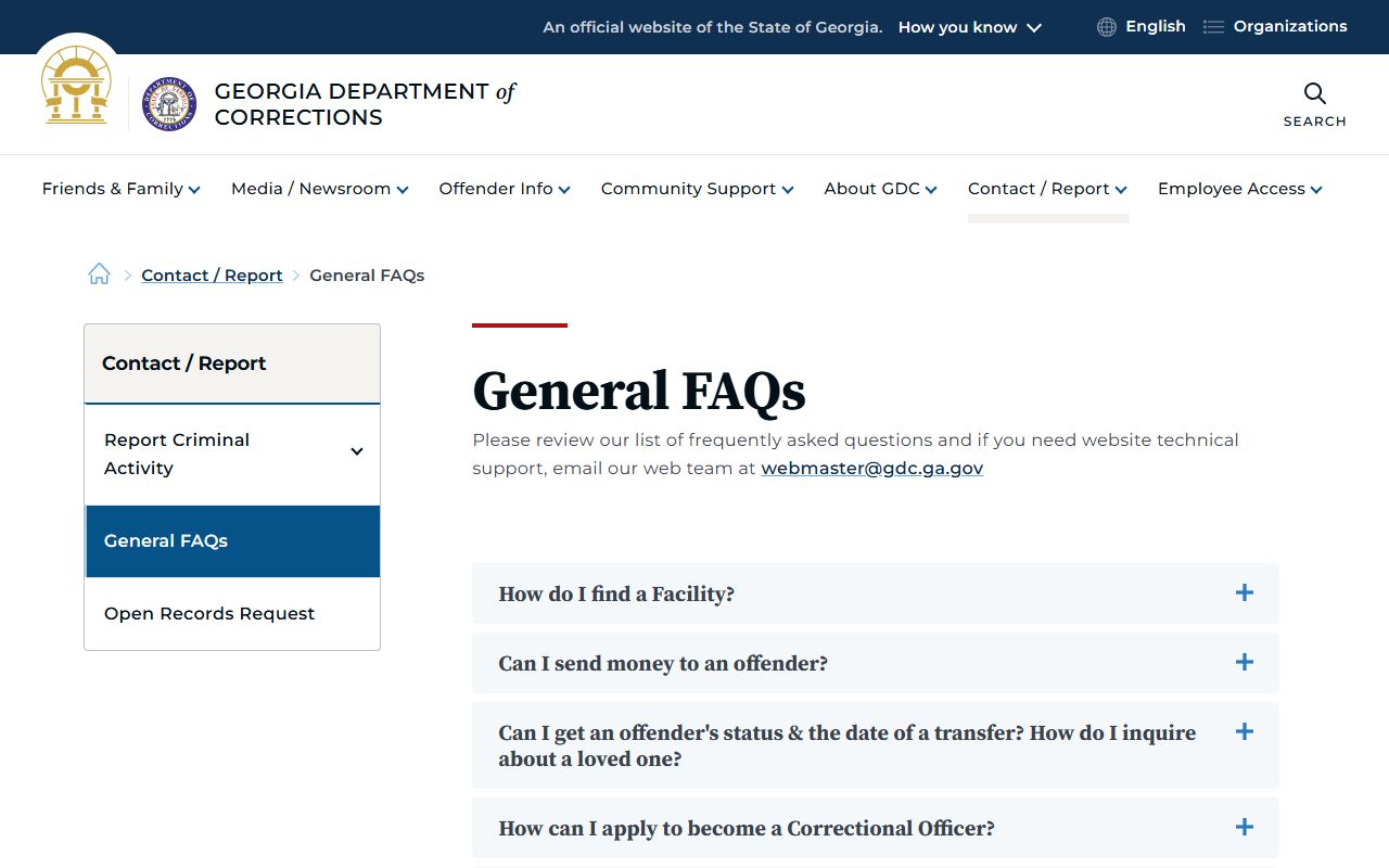 Georgia GDC FAQ page for released inmates search help