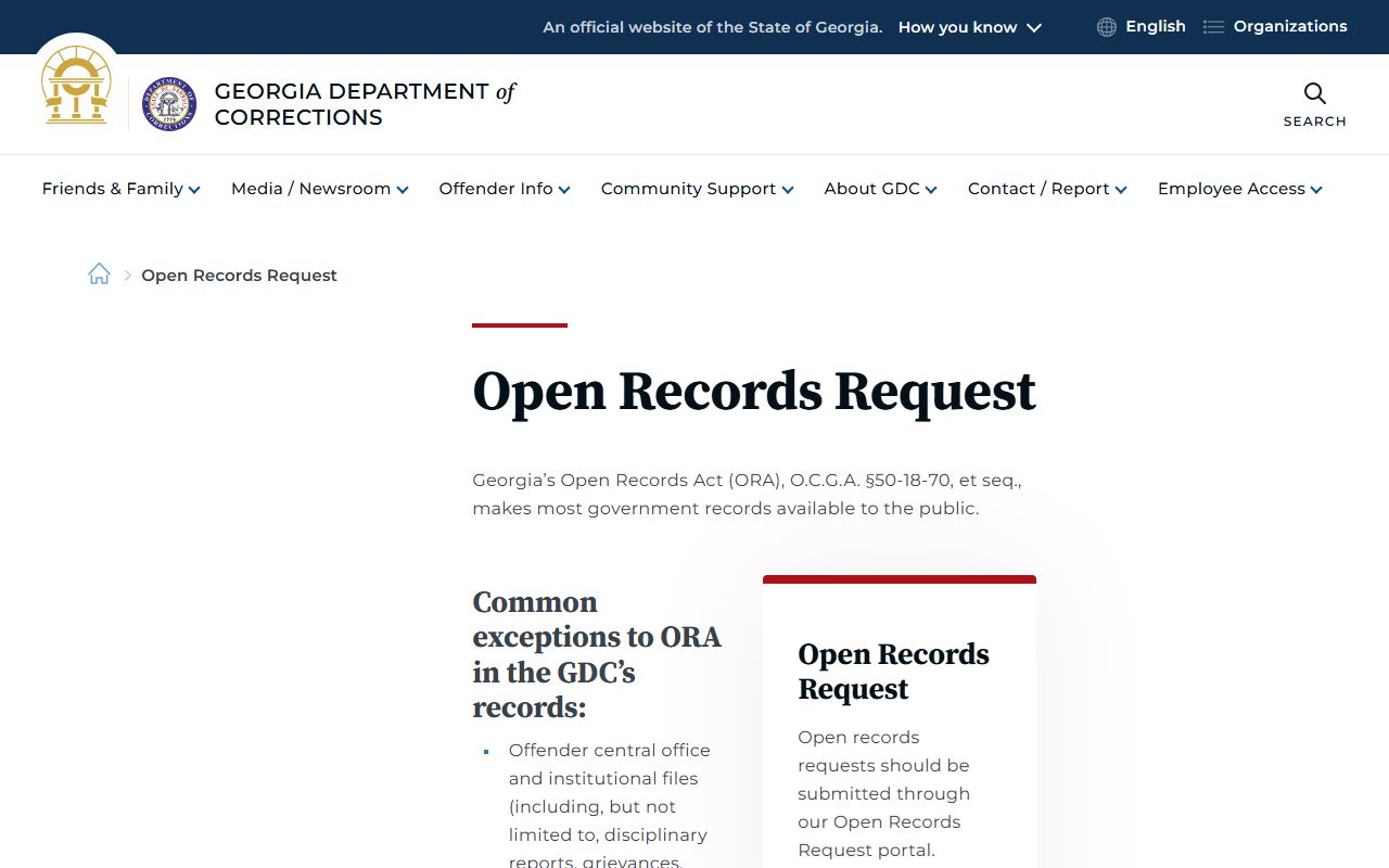 Georgia open records request page for released inmates data